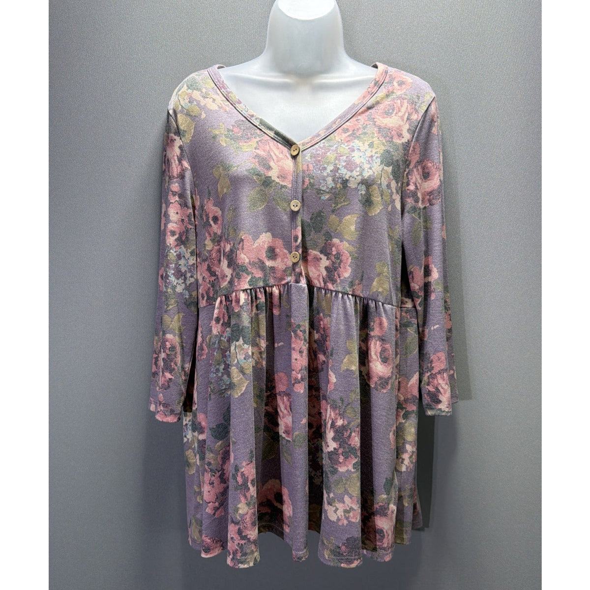 Honeyme Large Floral Tunic Top 3/4 Sleeve Babydoll Blouse Stretch NWT