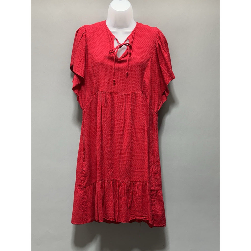 NWT Knox Rose Dress Large Red Textured Tie Neck Flutter Sleeve Tiered Midi Boho
