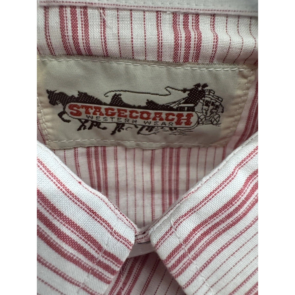 Vintage Stagecoach Western Shirt XL Red Stripe Pearl Snap Short Sleeve Cowboy