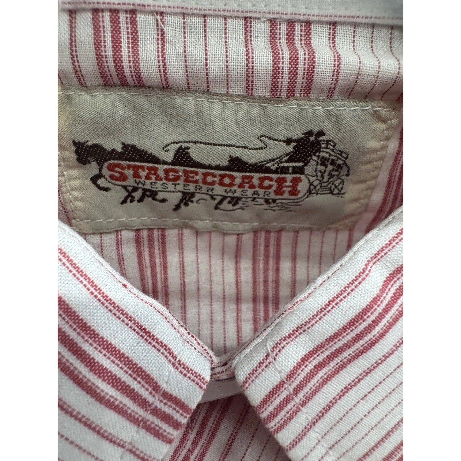 Vintage Stagecoach Western Shirt XL Red Stripe Pearl Snap Short Sleeve Cowboy