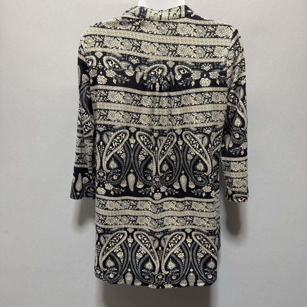 New BEPEI Womens Paisley All Over 3/4 Sleeve Tunic Blouse V Neck Size M Black