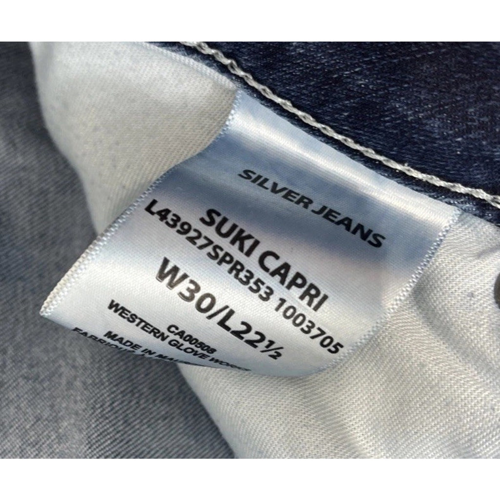 Women's Silver Suki Capri Jeans Size 30x22.5 Blue Stretch Denim Thick stitching