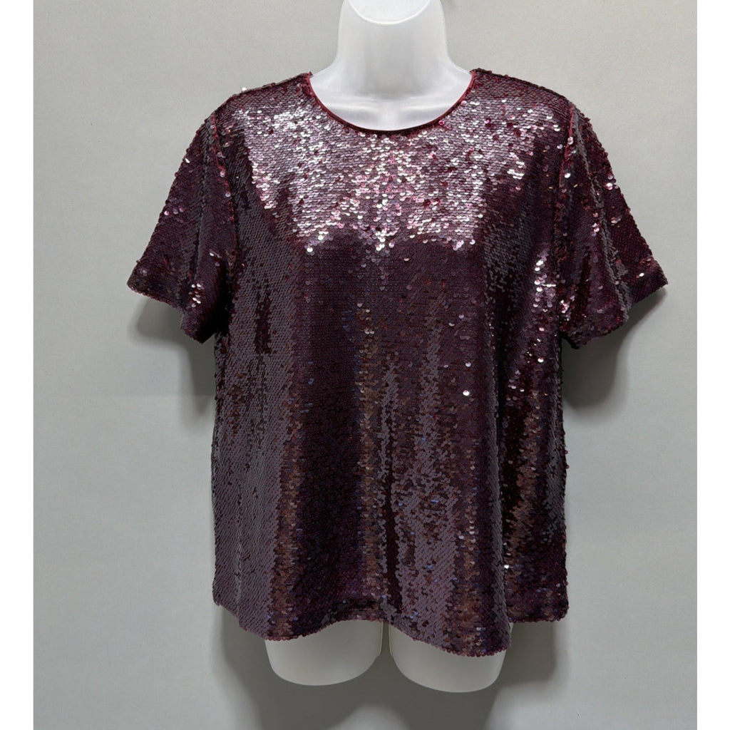 NWT Ann Taylor size Medium burgundy Lined sequined short sleeve top $129