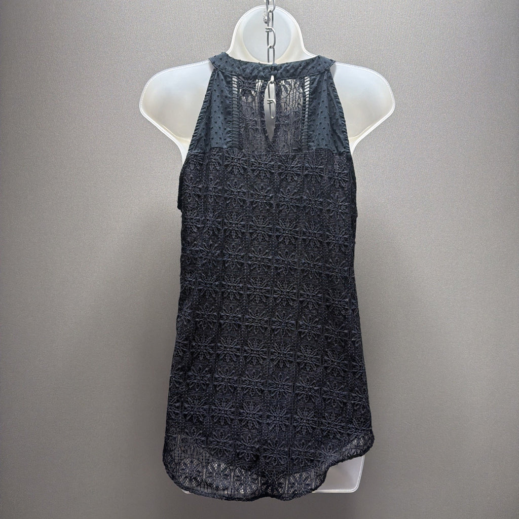 Women’s Medium Navy Blue Crochet Lace Trim Sleeveless Blouse Top Tank By Lee