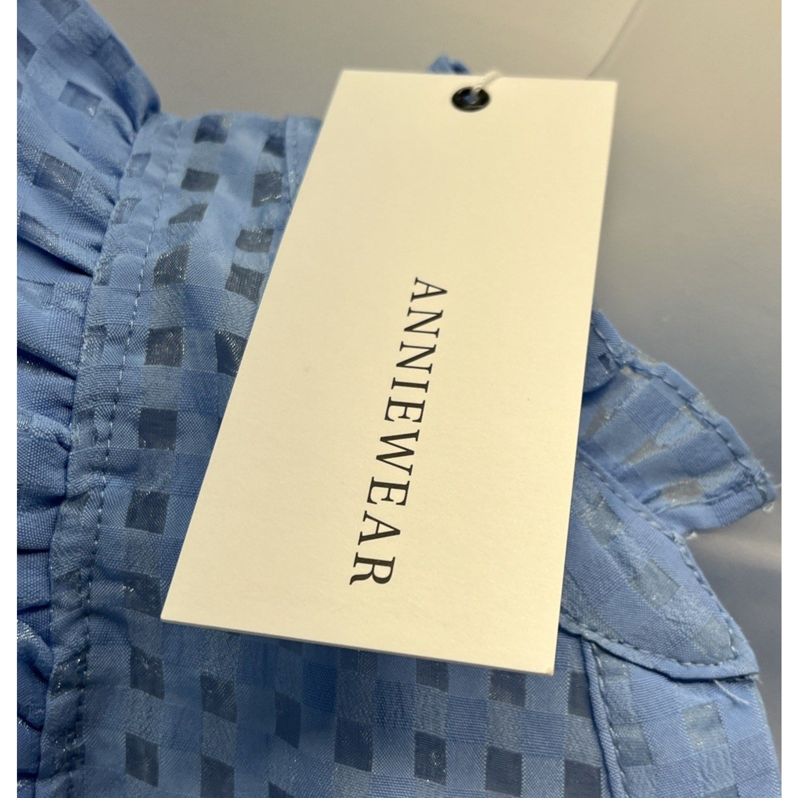 NWT Annie Wear Womens Blue Lined Short Sleeve Blouse Ruffle Sleeve Small