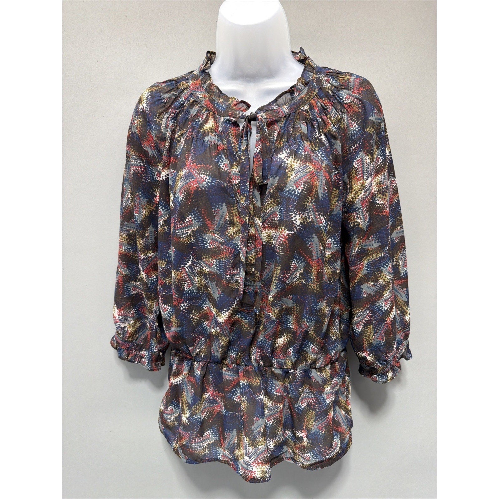 BANANA REPUBLIC Small Multi Color Print Sheer Blouse, Tie Neck, Career Casual