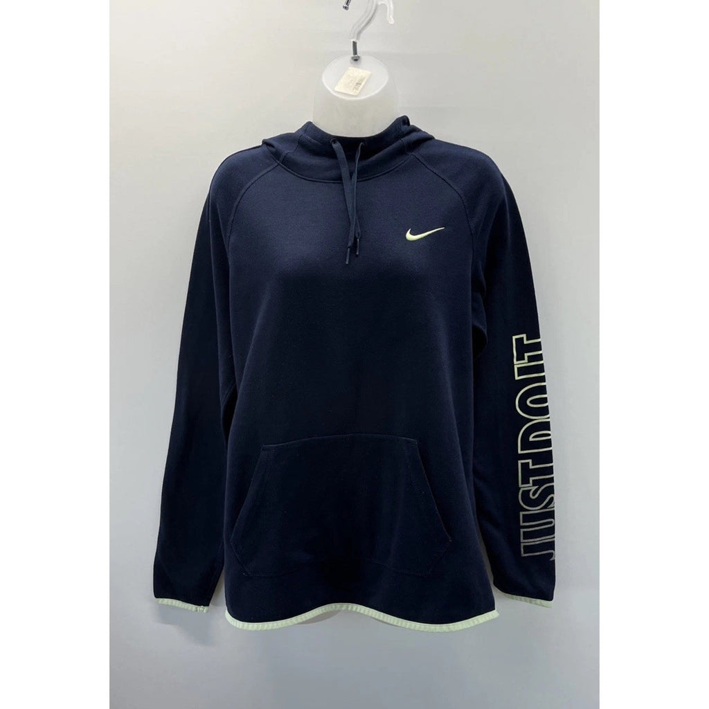 Nike Dri-fit Women's Large Navy Blue Yellow Trim Fleece Funnel Neck Hoodie