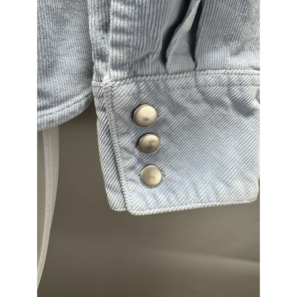 Womens Small Light Blue Stretch Corduroy Snap Front Shirt Jacket Fitted Western