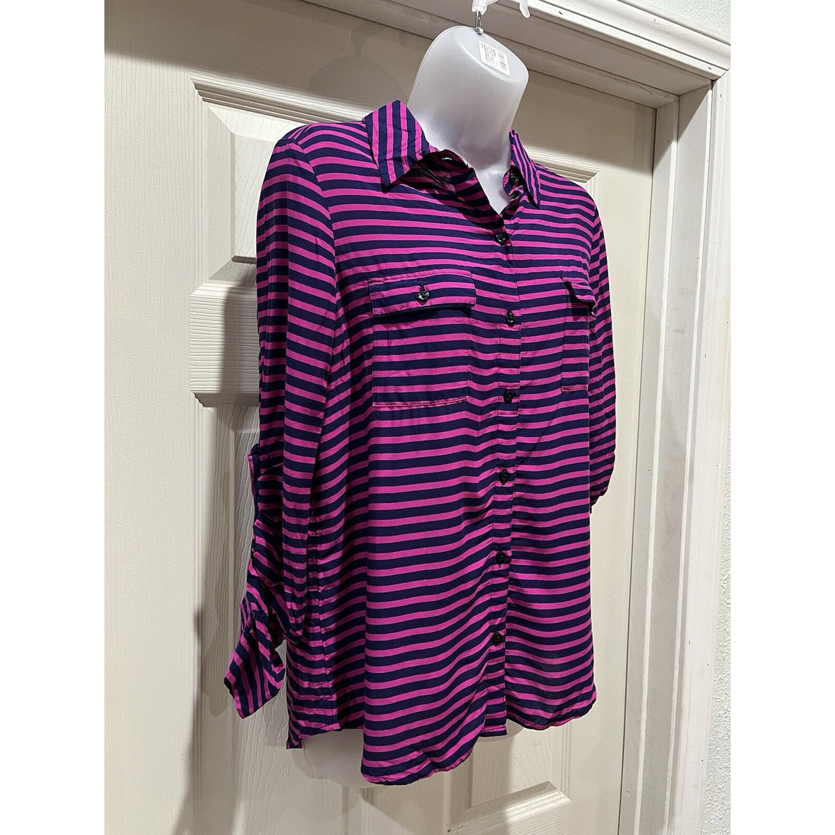Women's Old Navy Blue And purple Striped Button Up Shirt Size S Pockets