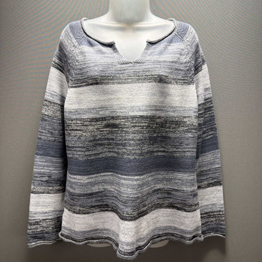Eddie Bauer Womens M Gray Stripe Cotton Nylon Notch Neck Lightweight Sweater