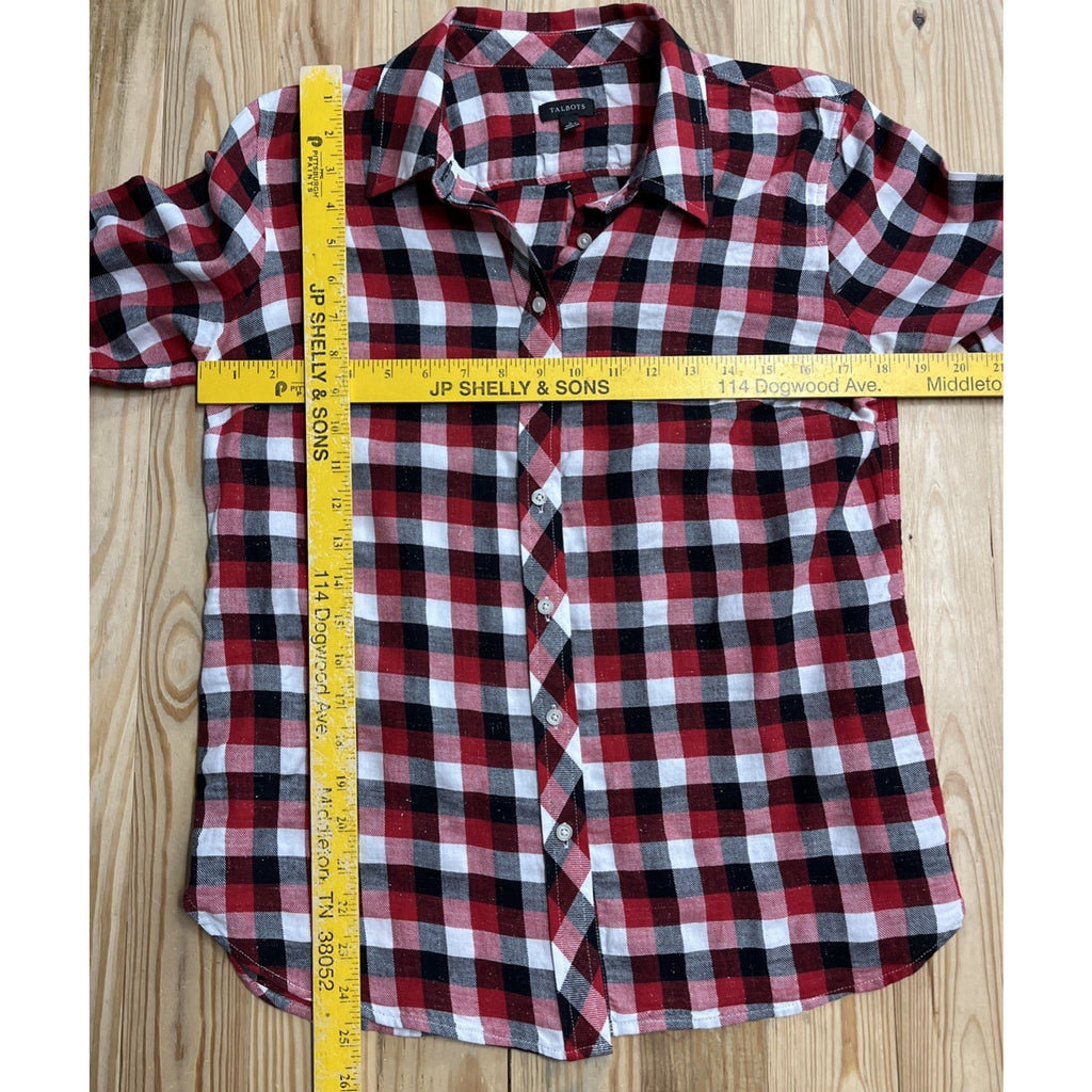 Talbots Shirt Womens Sz S Long Sleeve Button Down Red White Silver Metallic