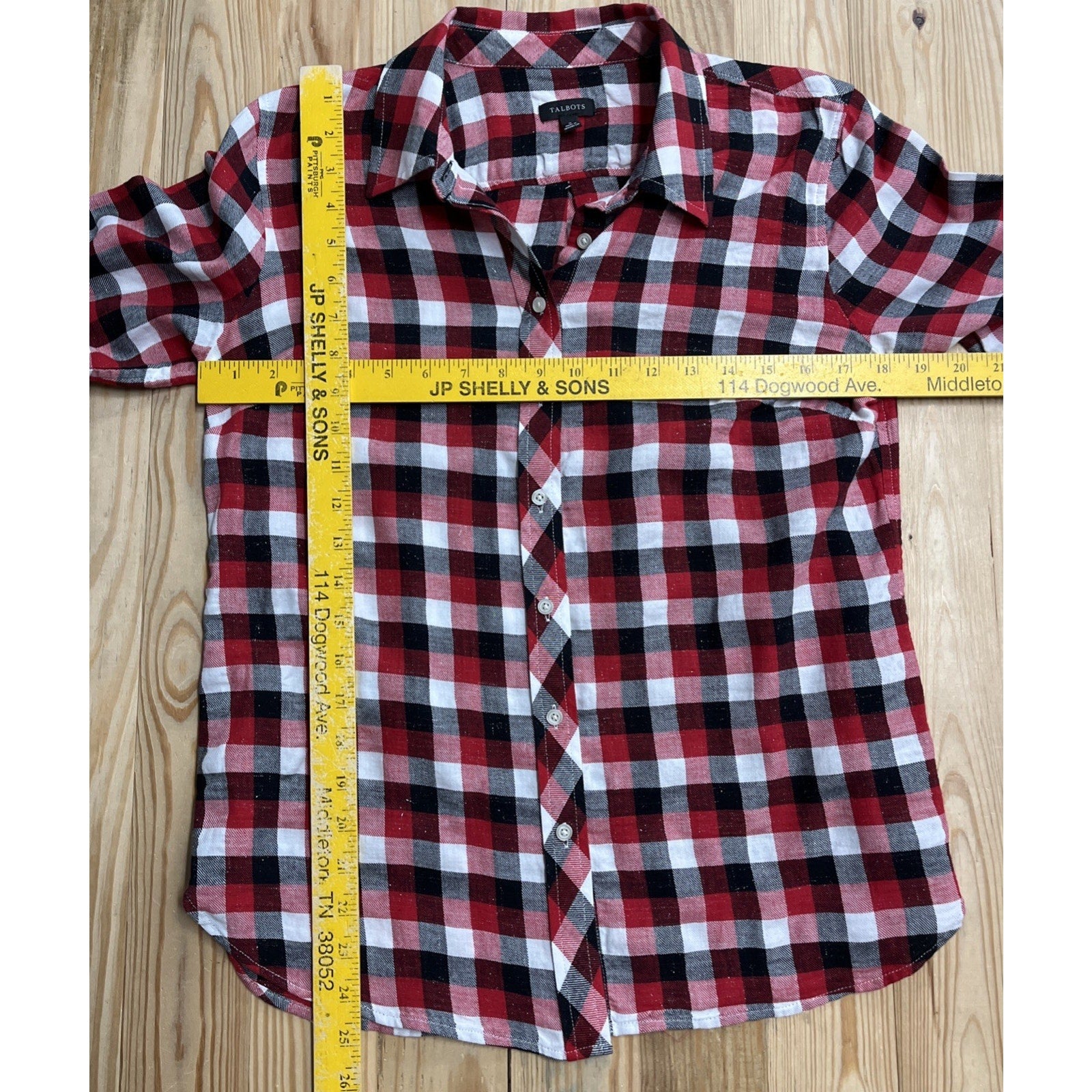 Talbots Shirt Womens Sz S Long Sleeve Button Down Red White Silver Metallic