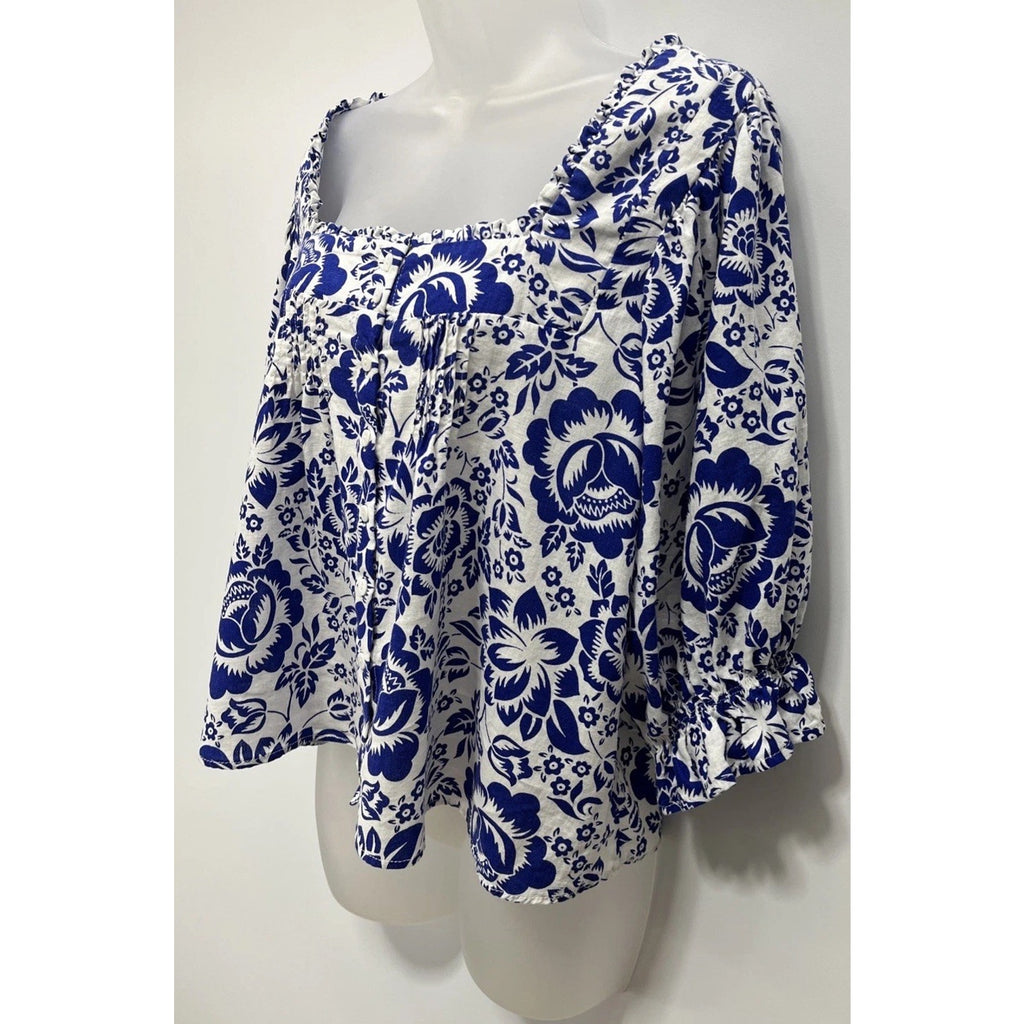 Rachel Zoe Women 3/4 Sleeve Button Linen Rayon Top Size M White Blue Floral