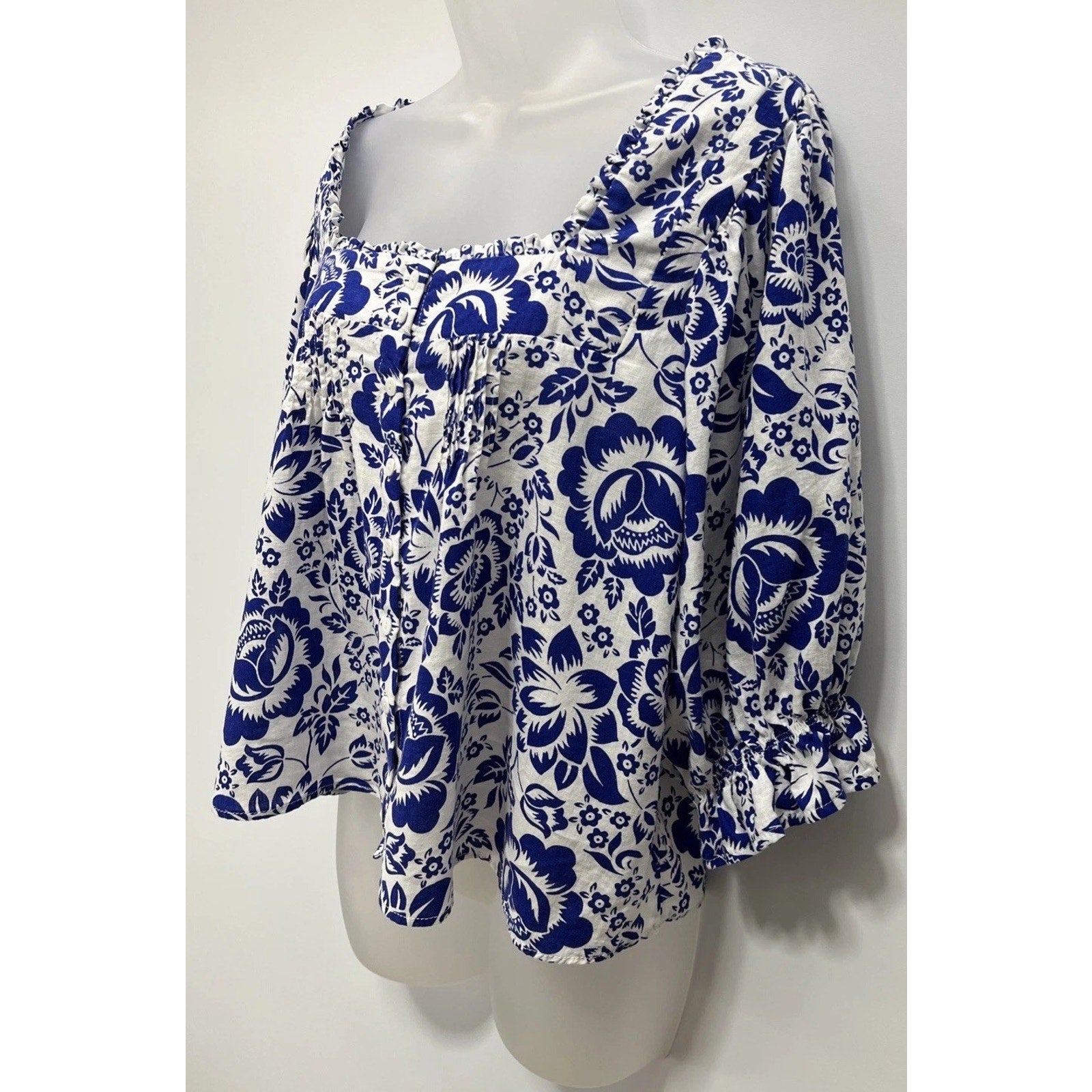 Rachel Zoe Women 3/4 Sleeve Button Linen Rayon Top Size M White Blue Floral