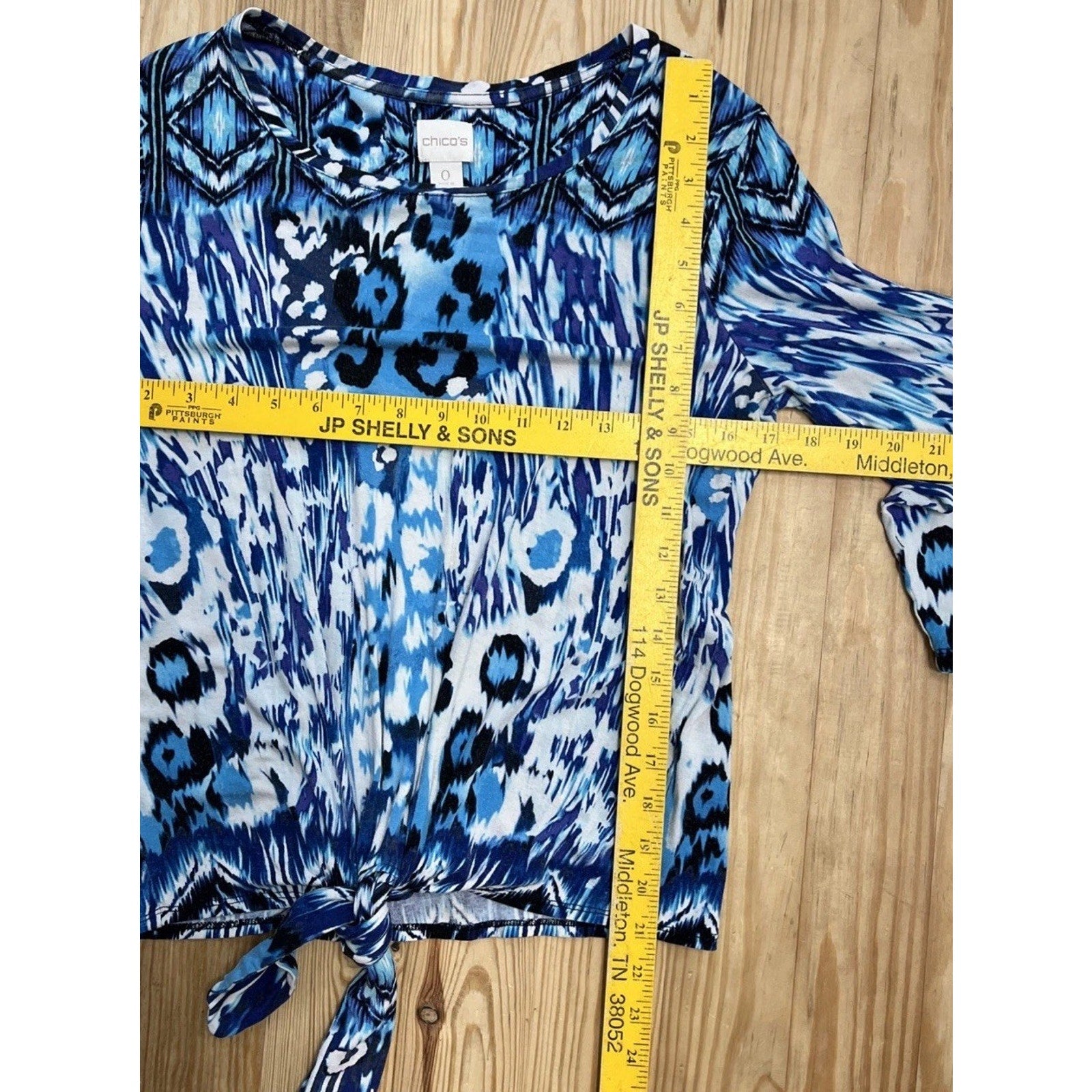 Chico's Blue White Mixed Print Tie Hem 3/4 Sleeve Knit Top - Size 0 S