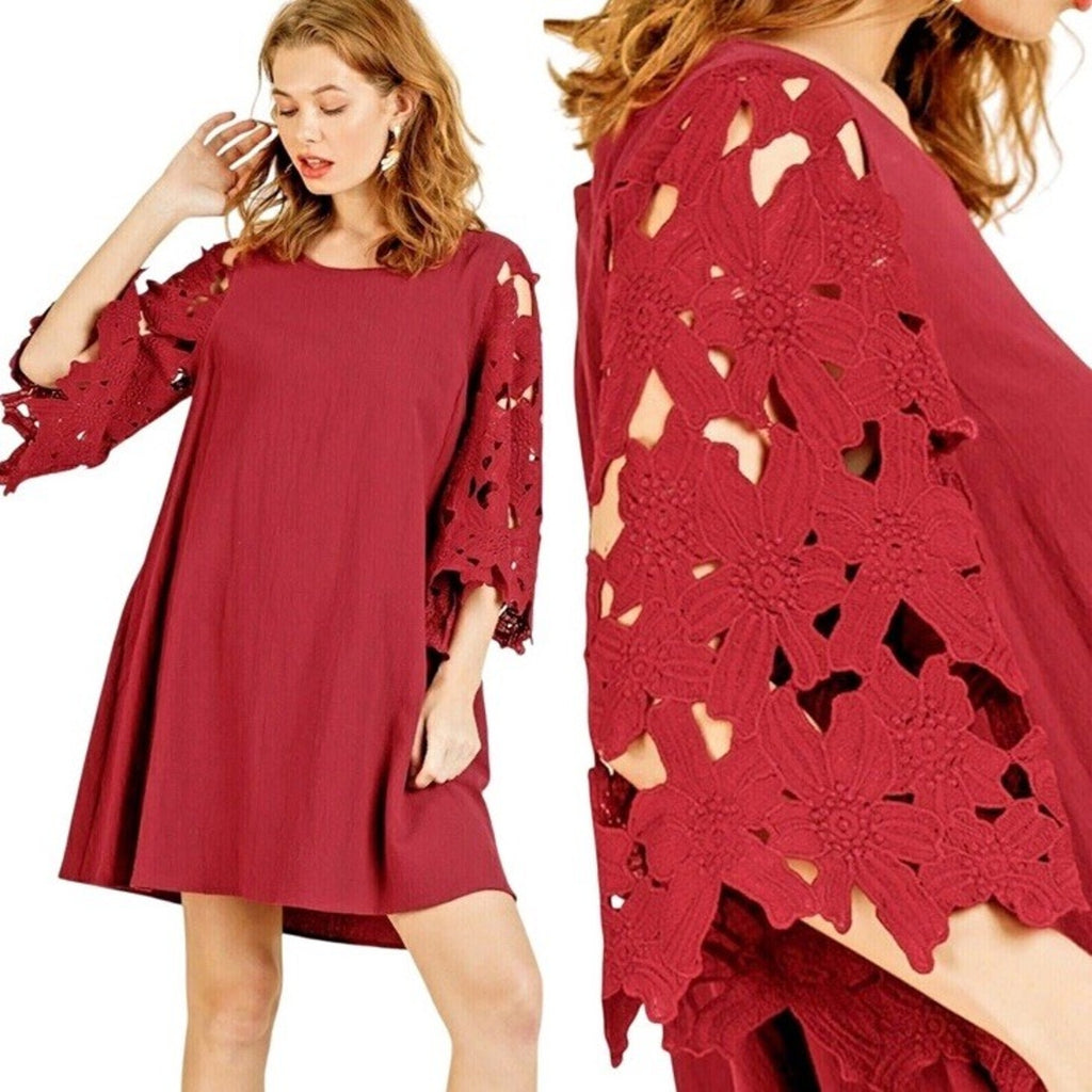 Umgee Dress Size M Wine Red Poinsettia Christmas Floral Mumu Womens Shift New