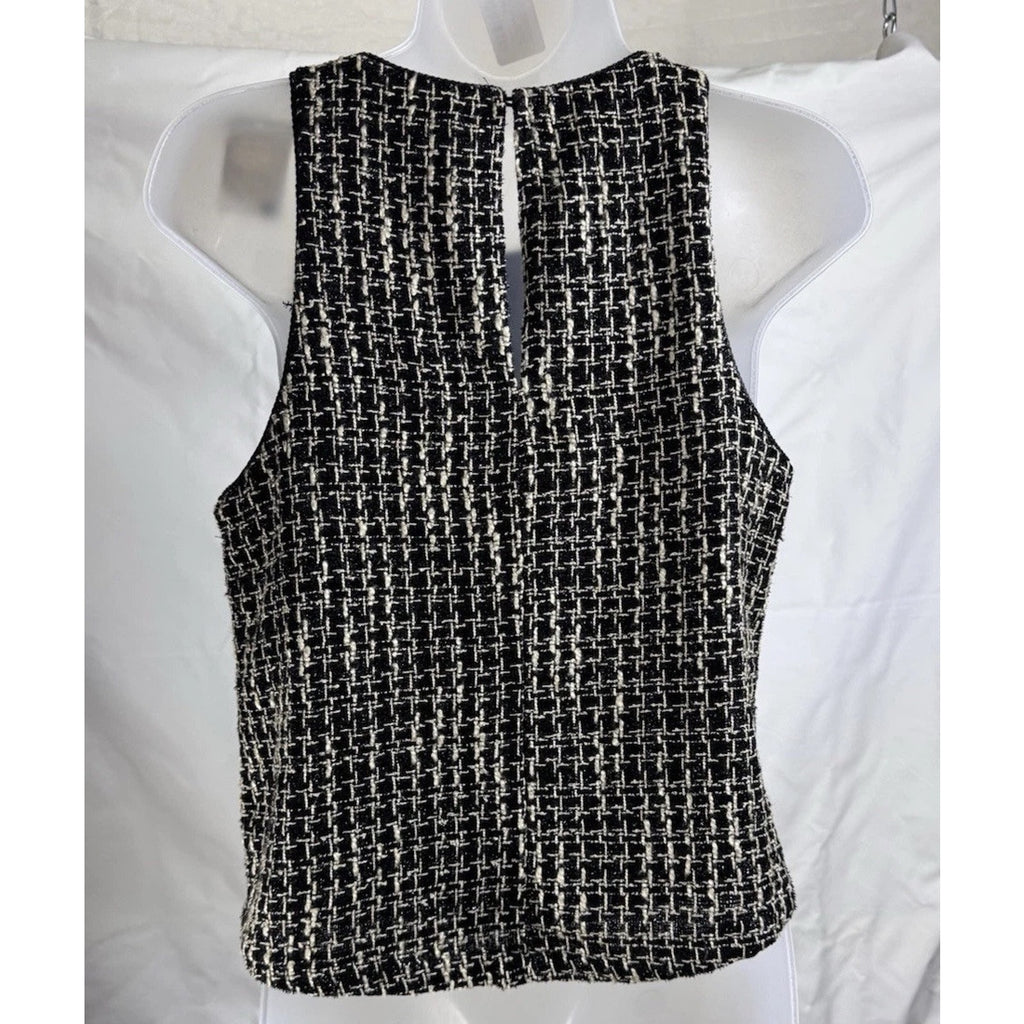 Ark & Co. women Crop Tweed Tank Black Gold Lined Small Keyhole Back Button NWT