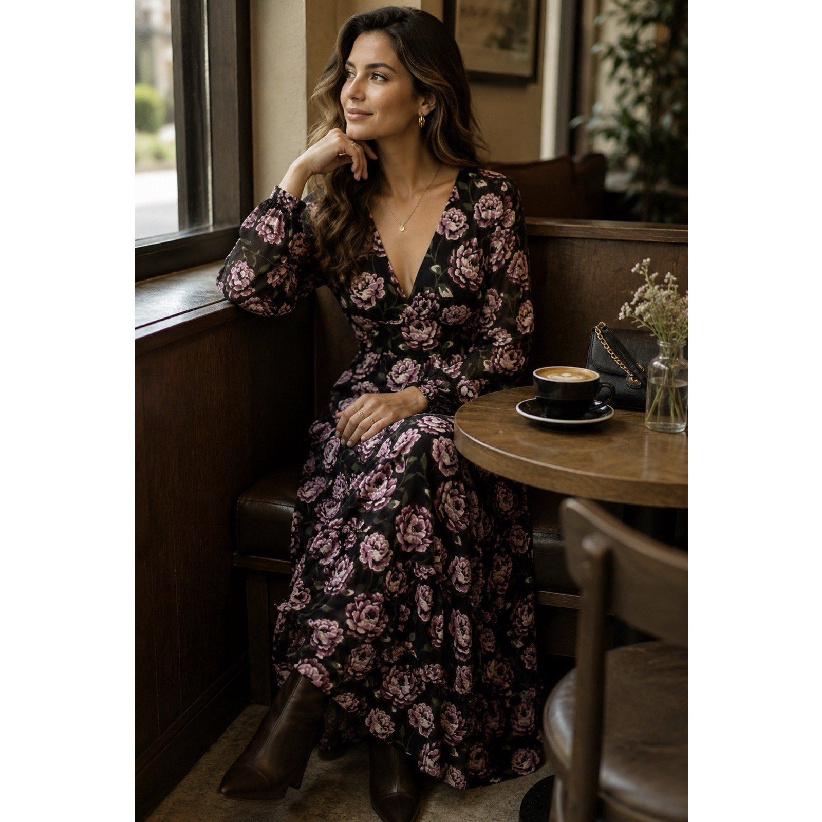 NWT Forever 21 Floral Maxi Dress Womens Small Black Pink Long Sleeve Cottagecore