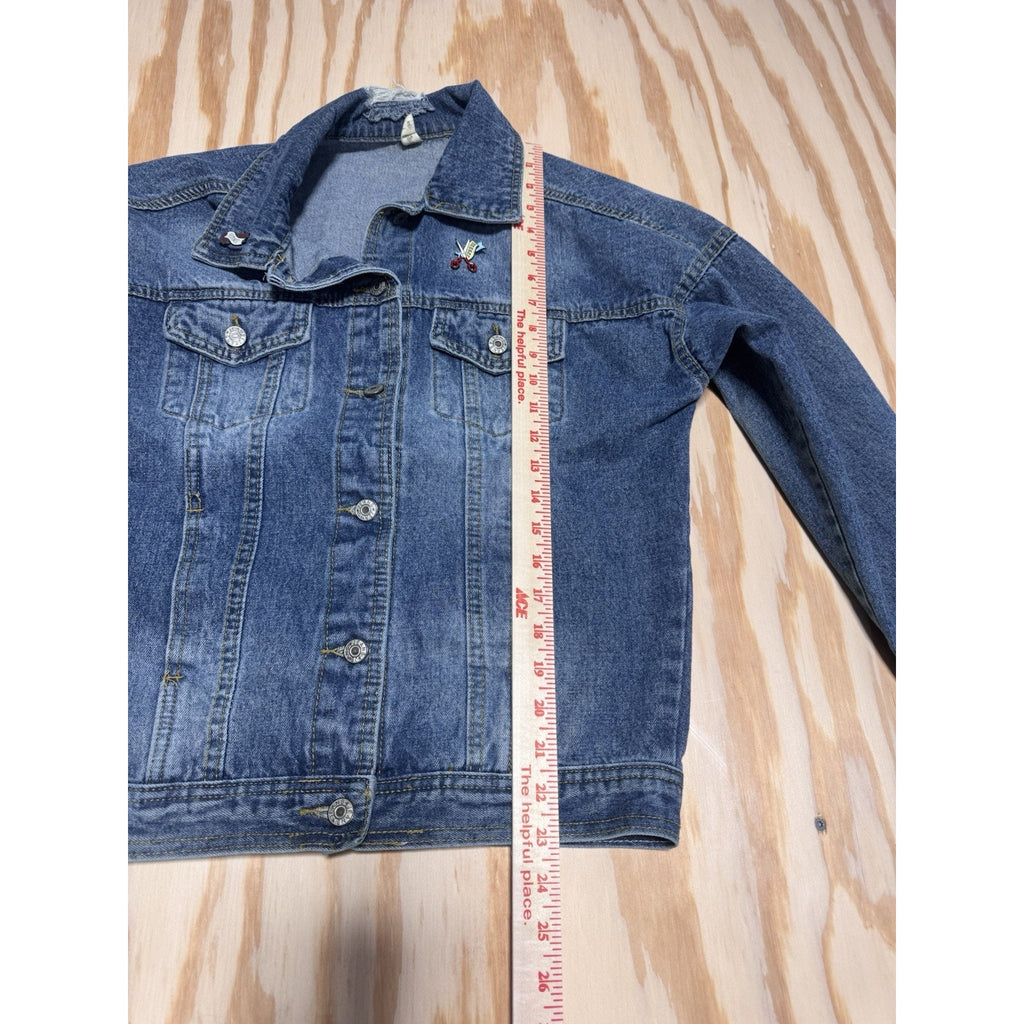 Crane Embroidered Blue Button-up Denim Jacket Destressed Detailing Women’s L