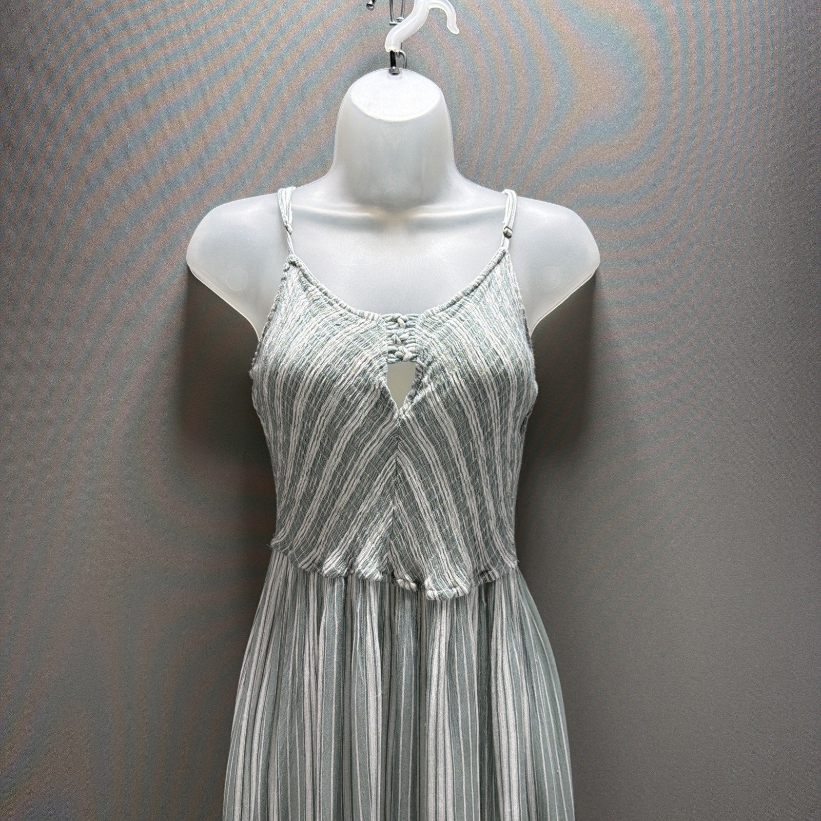 Jodifl Womens L Sage Green Striped Smocked Maxi Dress Boho Adjustable Straps
