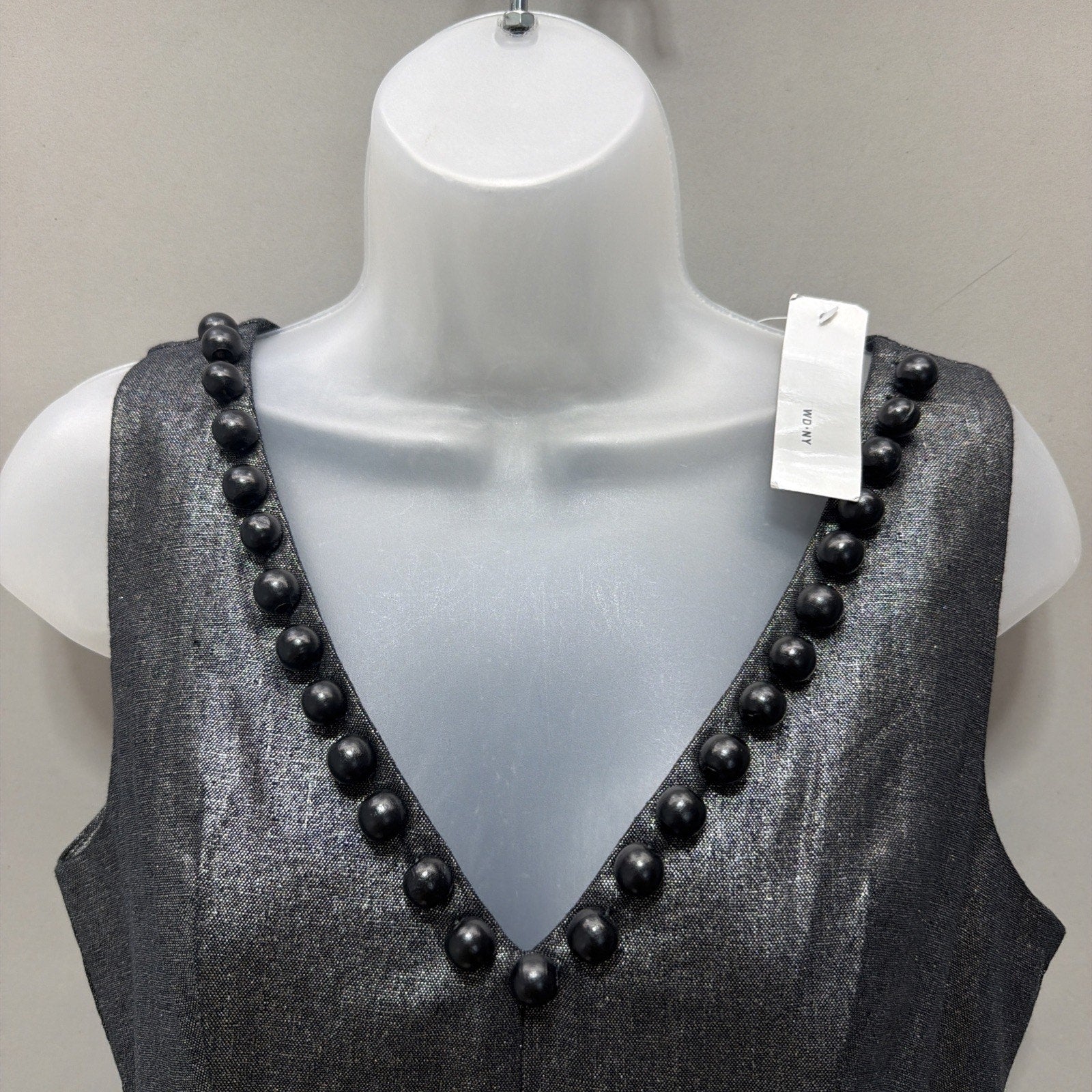 WDNY Dress 6 Black Linen Blend Beaded Metallic Sheath Knee Length Sleeveless NWT