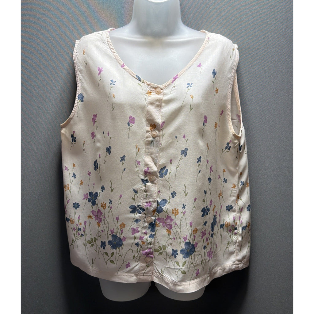 Analogy Cream Button Down Floral Sleeveless Round Neck Blouse Womens Large