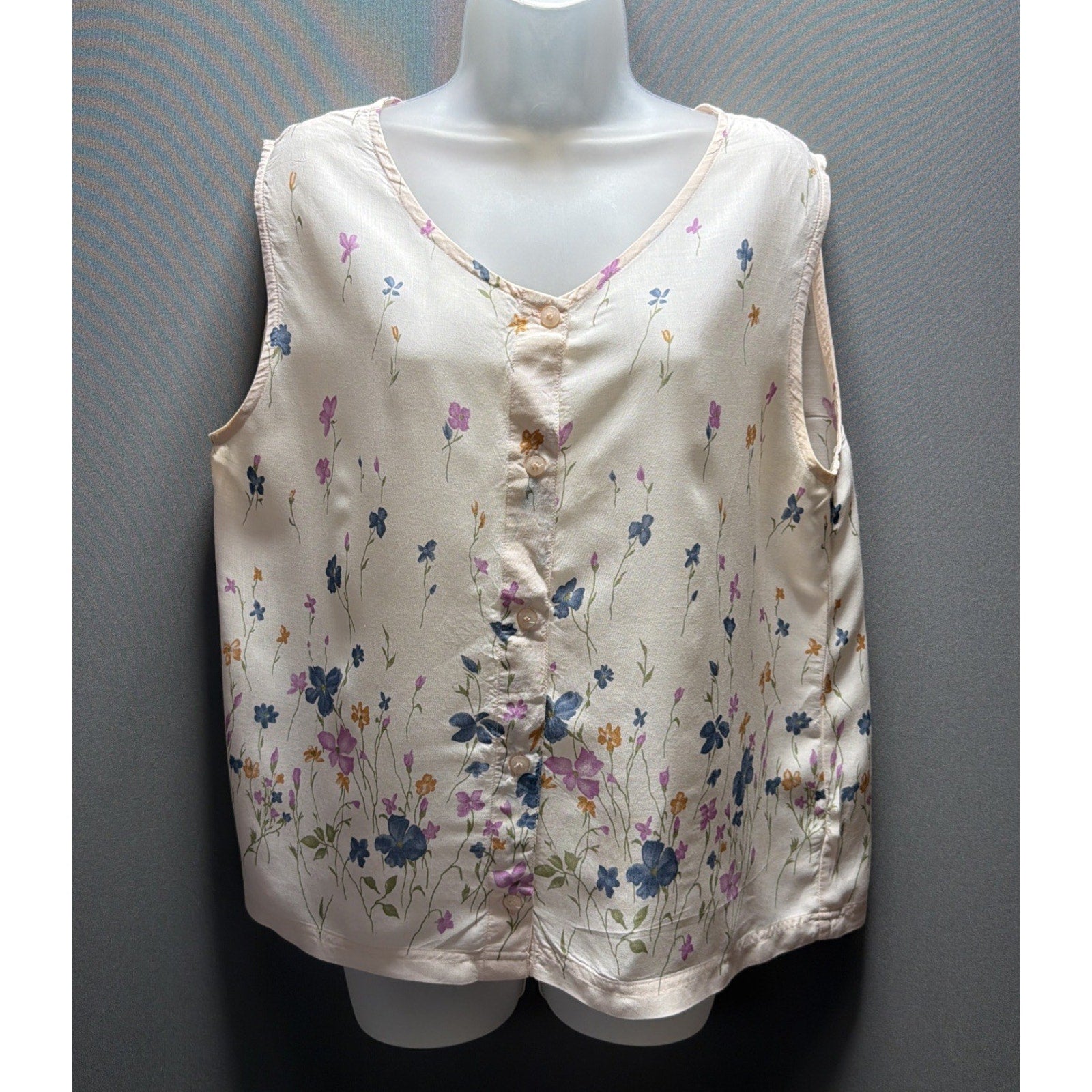 Analogy Cream Button Down Floral Sleeveless Round Neck Blouse Womens Large