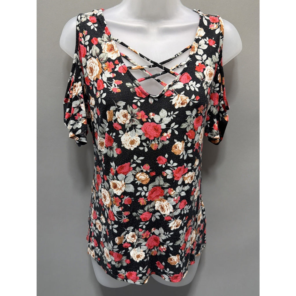 Free Kisses Black floral short sleeve Cut out V Neck Cold Shoulder Top size M