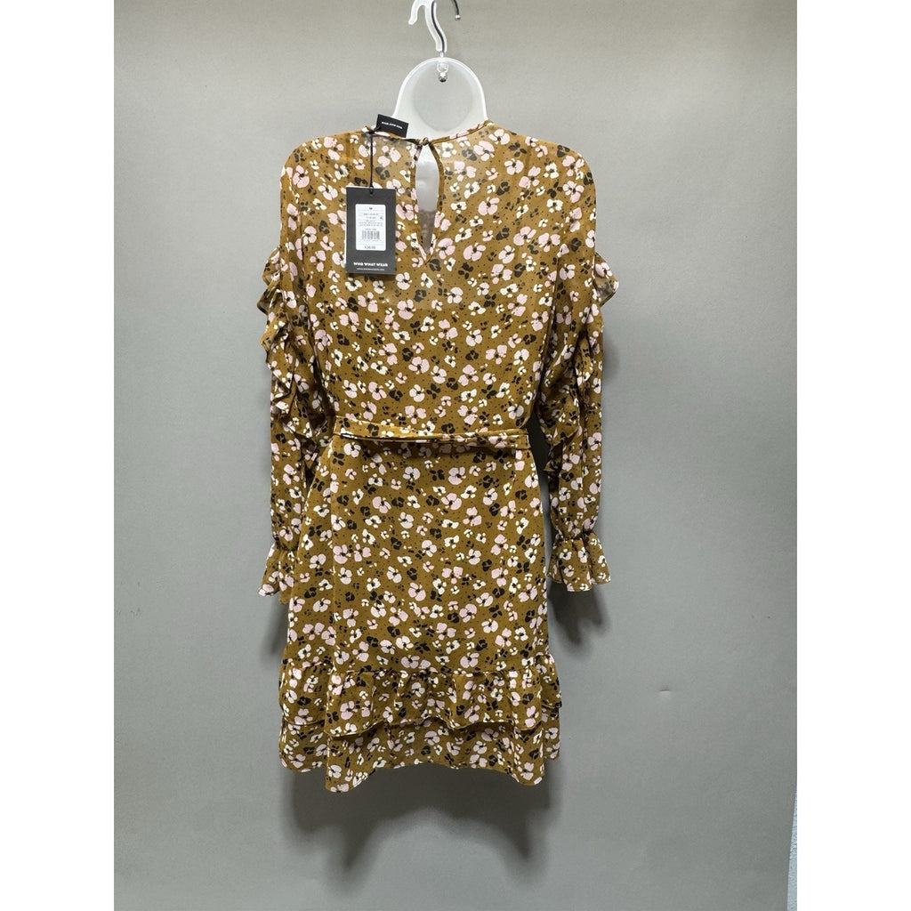 NWT Who What Wear Dress M Mustard Floral Ruffle Long Sleeve Tie Waist Boho Mini