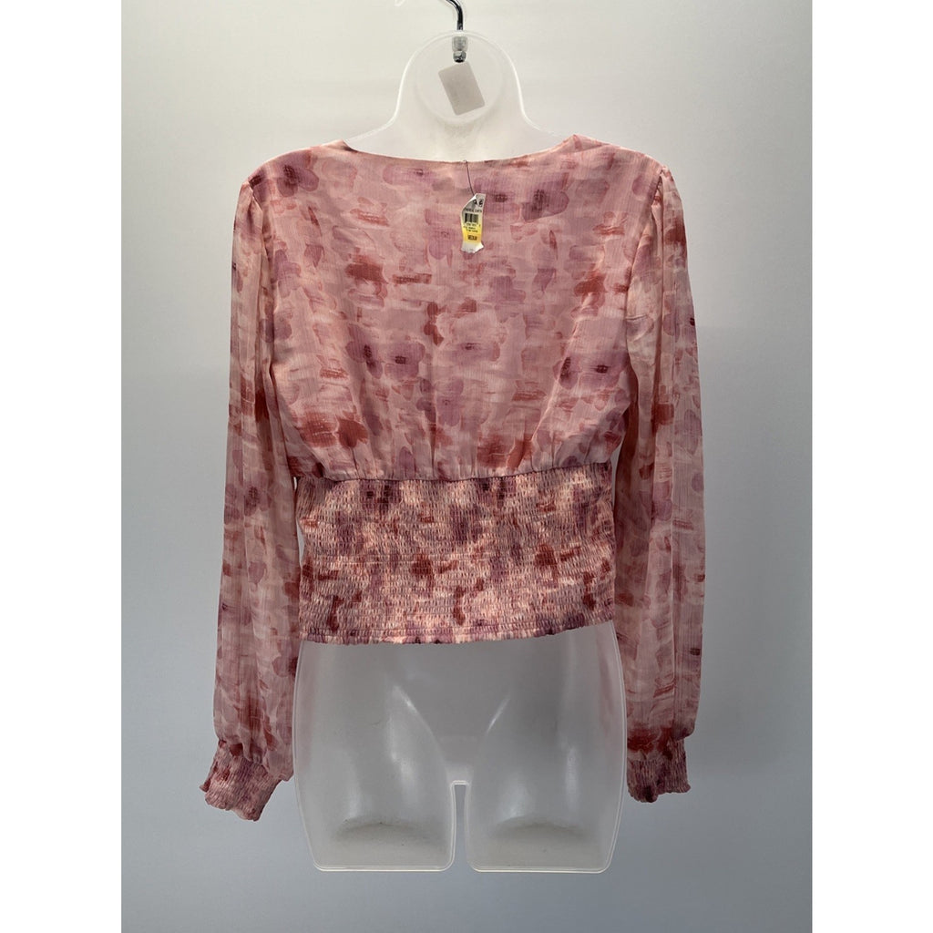 Bar III Top PInk Floral-Print Smocked-Waist Women Sz M NWT