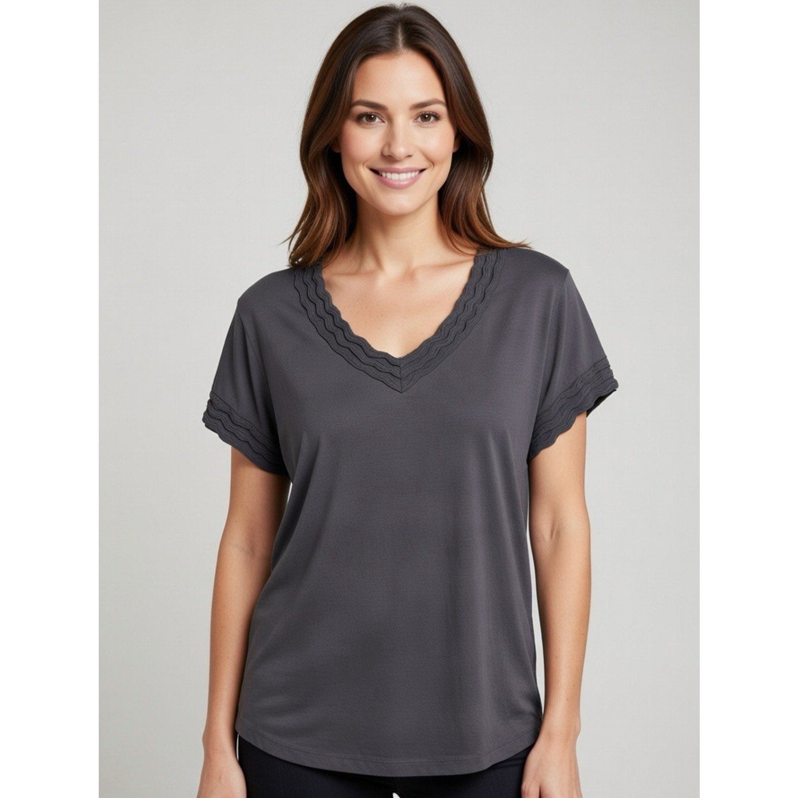 Territory Ahead Women's L Black Peruvian Pima Cotton V Neck Cap Sleeve T Shirt