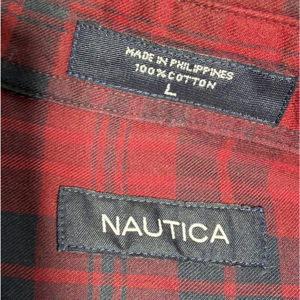 NAUTICA Mens Flannel Red Plaid Button Down Shirt Size L Tall Outdoor Casual New