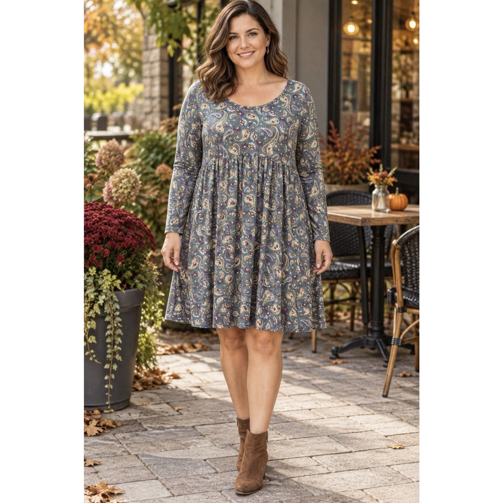 BOMBOM XL Blue Paisley Floral Long Sleeve Babydoll Swing Dress Boho USA
