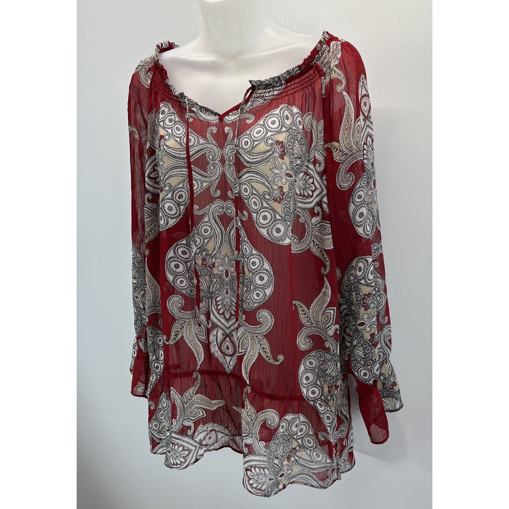 CHICO's 2 Womens L Blouse Shirt Burgundy Black Tan Paisley Print V Neck
