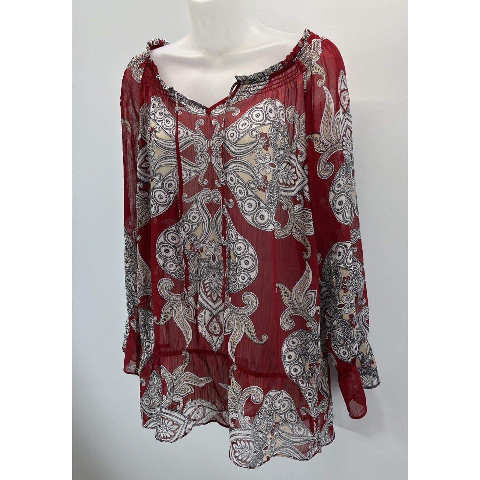 CHICO's 2 Womens L Blouse Shirt Burgundy Black Tan Paisley Print V Neck