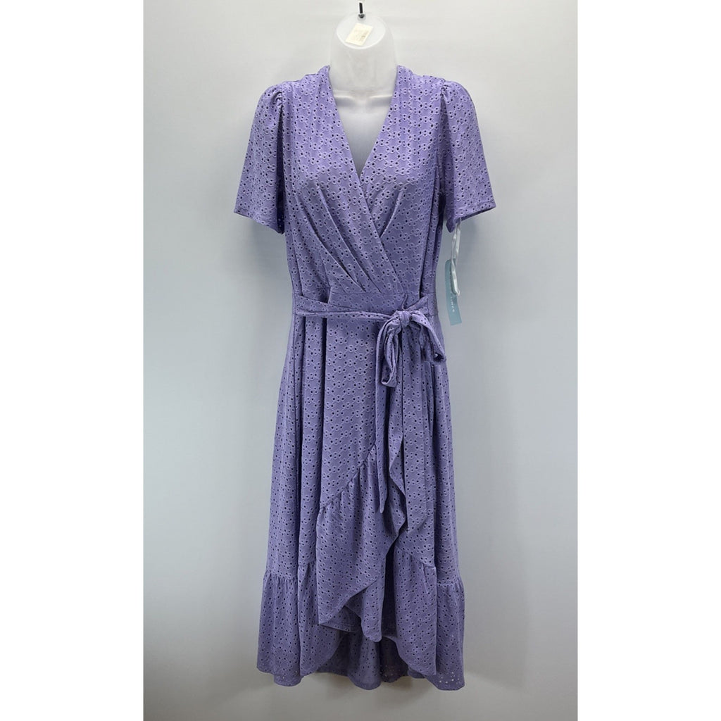 NWT London Times Women's Lined Short Sleeve Ruffle Wrap Dress, Violet Tulip 14