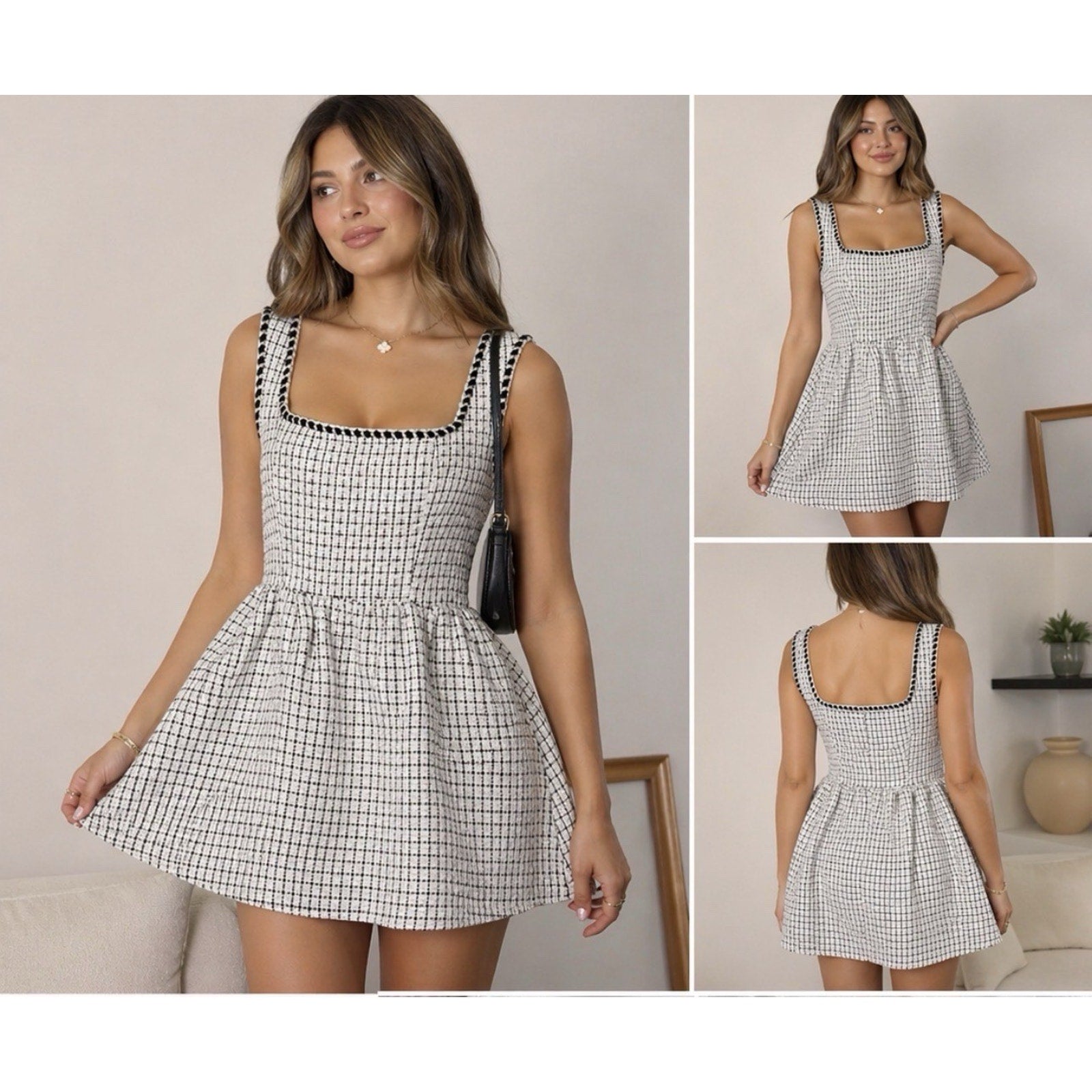 CIDER Women’s L Tweed Mini Dress Black White Plaid Square Neck Sleeveless NWT