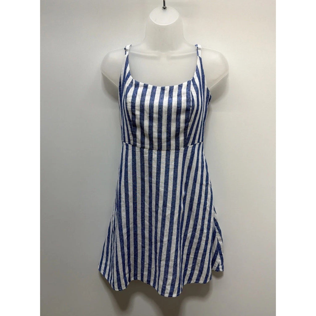 Old Navy Fit & Flare Chambray Blue White Vertical Striped Linen Blend Dress XS