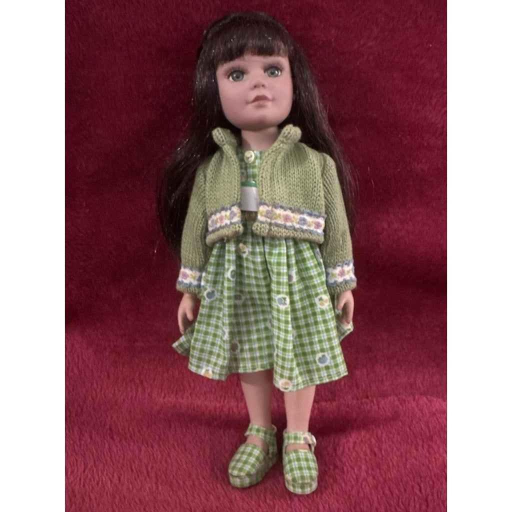 Vintage 9” Brunette Girl Doll Green Gingham Dress Knit Sweater Shoes Blue Eyes