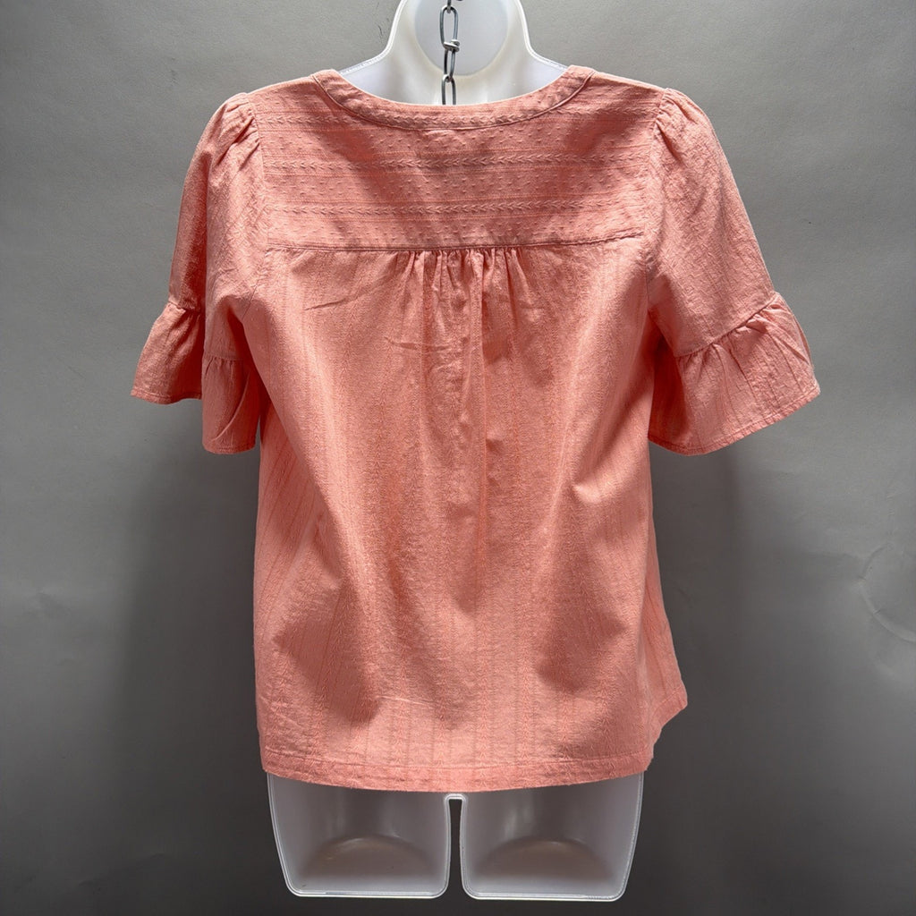 Loft Pink Ruffle Blouse Bell Sleeve V Neck Embroidered Size XS