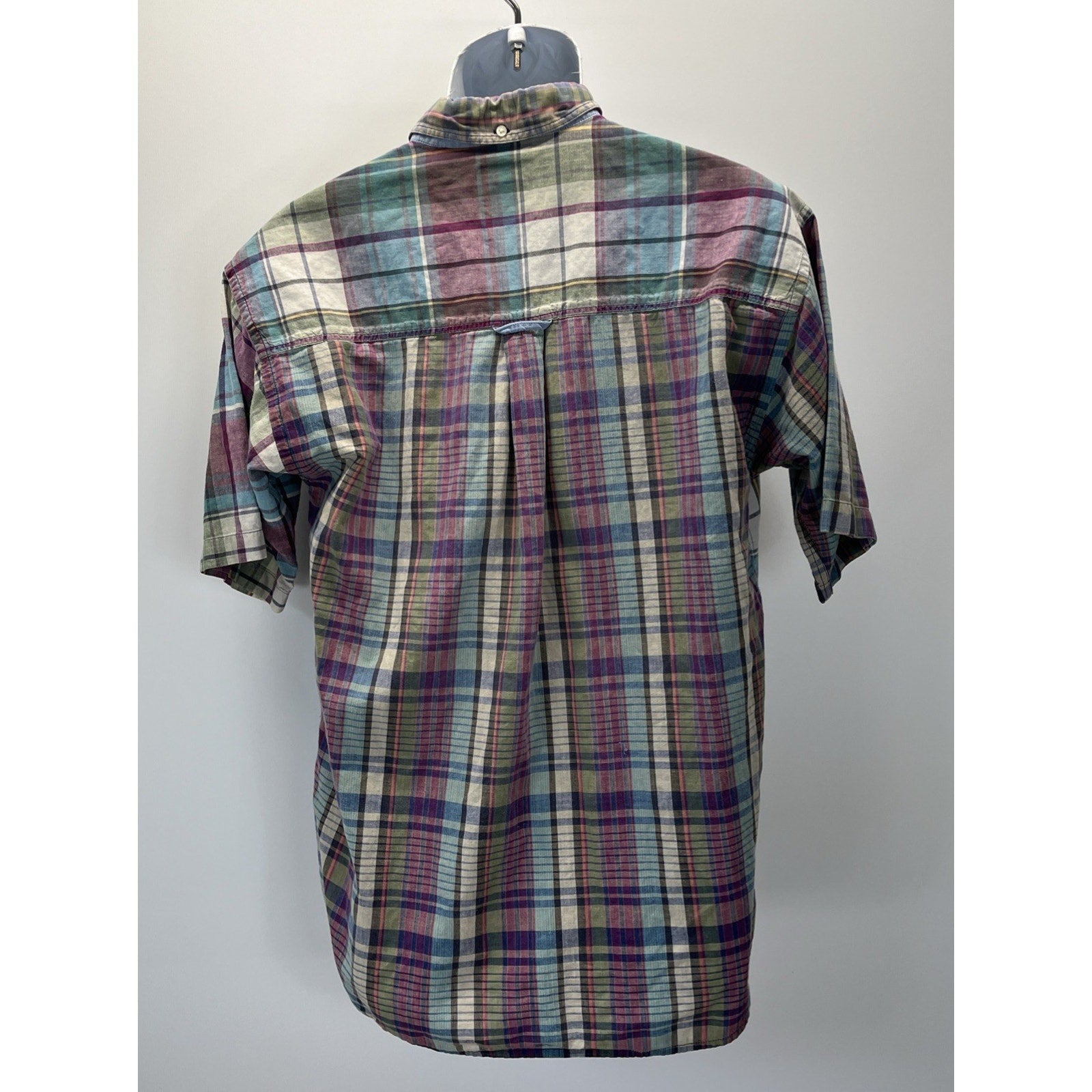 VTG Salty Dog Gant Mens Madras Short Sleeve Button Up Purple Green Plaid Size M