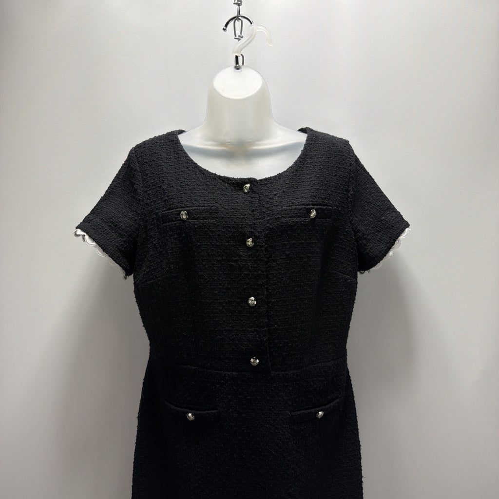 Talbots Black and White Elegant Lace Trim Lined Short Sleeve Sheath Dress Sz 10