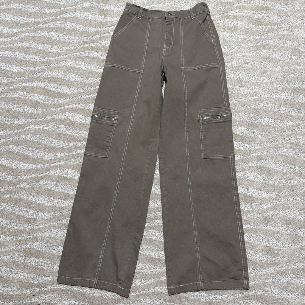 Rachel Paige Cargo Tan Sz M High Rise Elastic Waistband Wide Leg Casual Pants