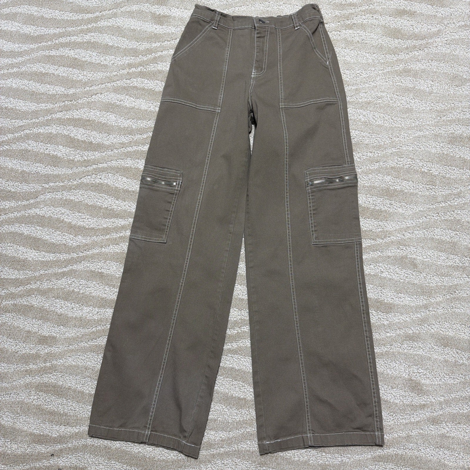 Rachel Paige Cargo Tan Sz M High Rise Elastic Waistband Wide Leg Casual Pants