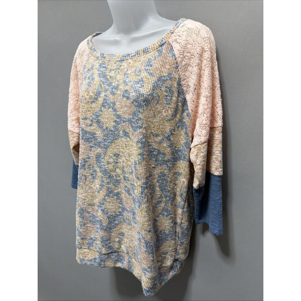 New Cato Women’s 3/4 Sleeve Lace Detail Paisley Style Blouse - L