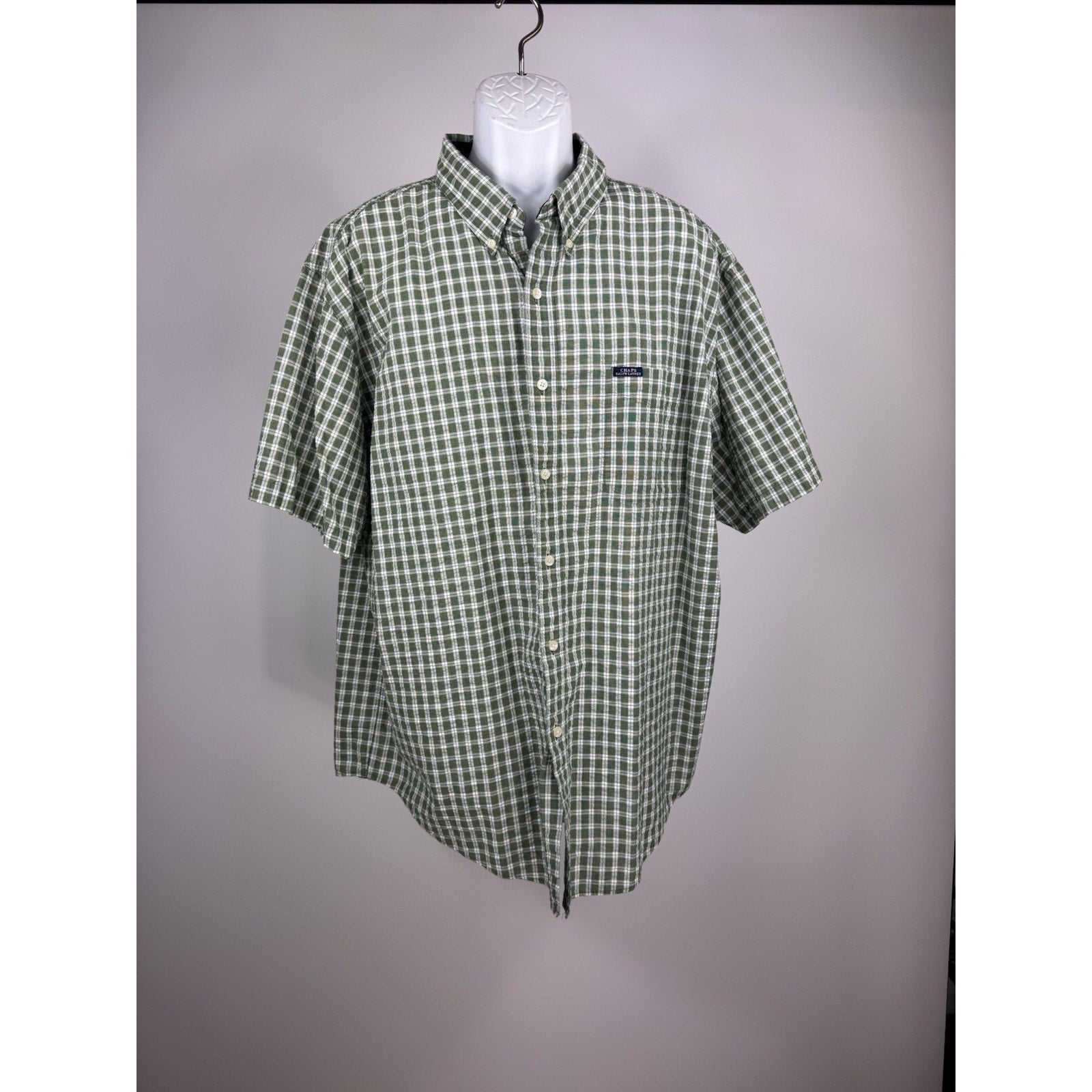 CHAPS Shirt Men's Size XX-Large Green Checks Short Sleeves Casual Button Front