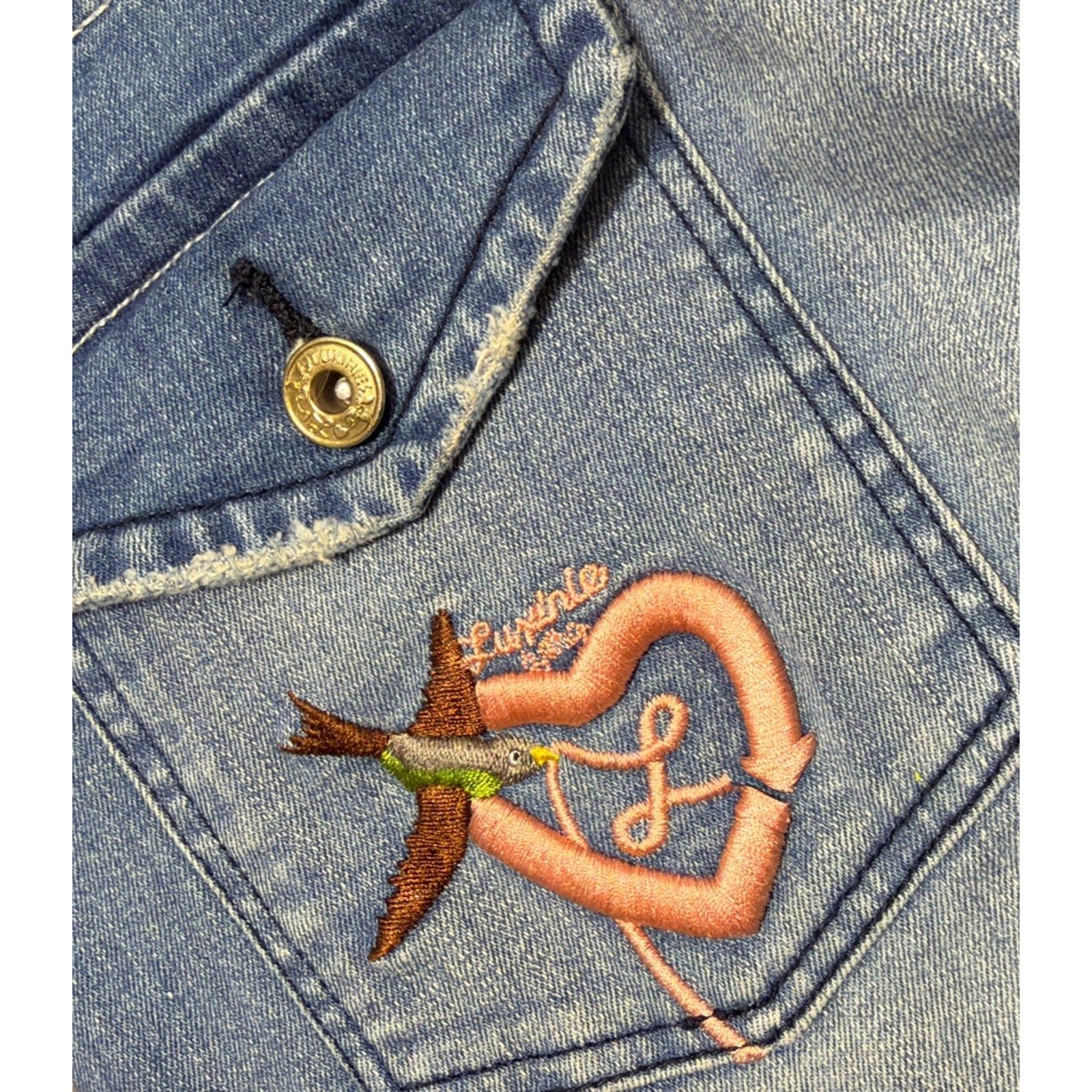 Luxirie By LRG Bootcut Lowrise Embroidered Jeans Blue Medium Wash Womens 31x32