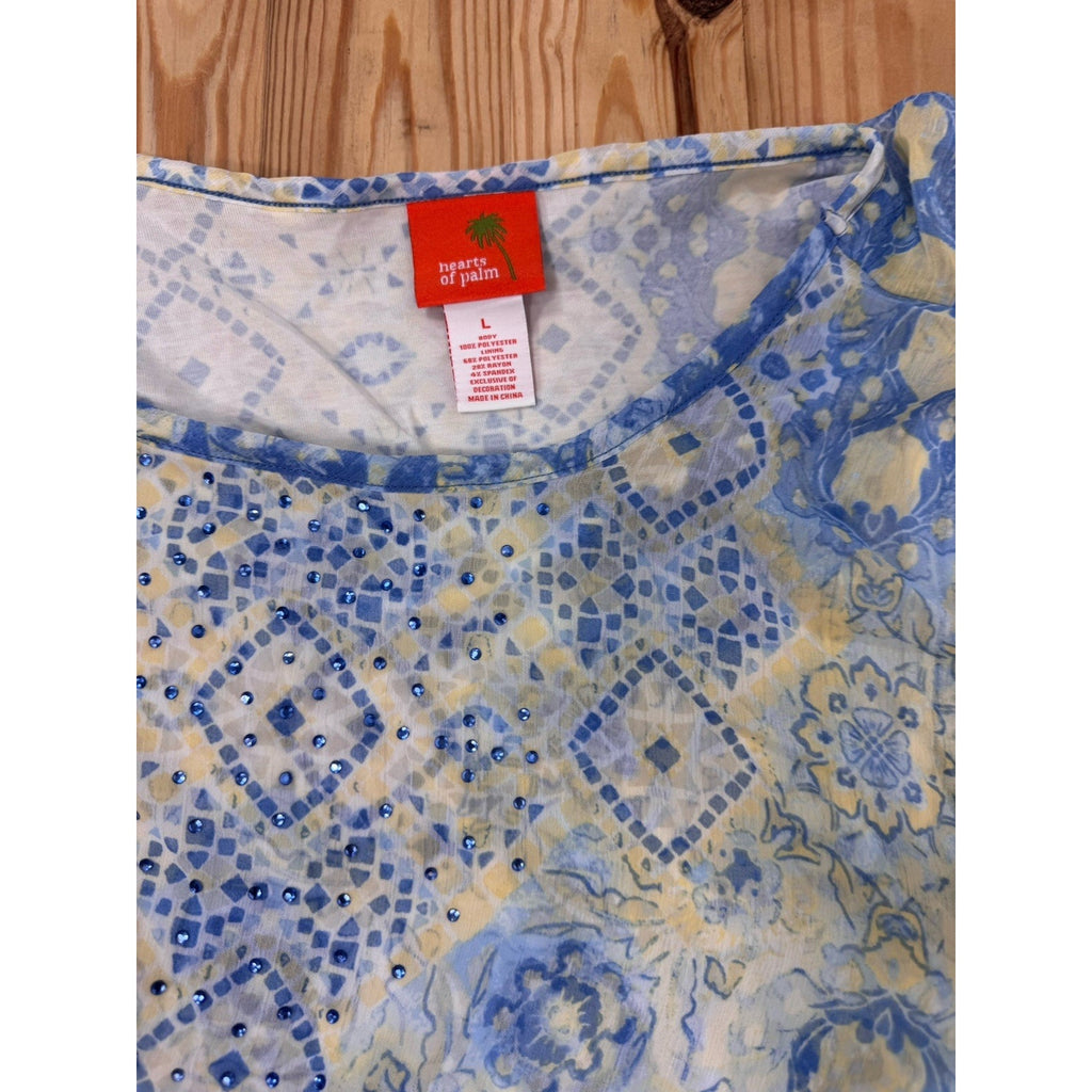 Hearts of Palm Women's Tropical Forest Print Knit Top Front Beads Size Large