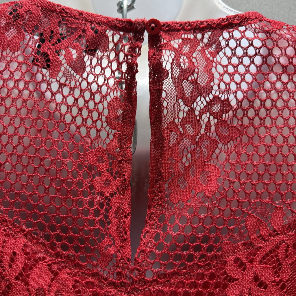Laundry by Shelli Segal Lace Blouse Small Red 3/4 Bell Sleeve Eyelash Hem Top