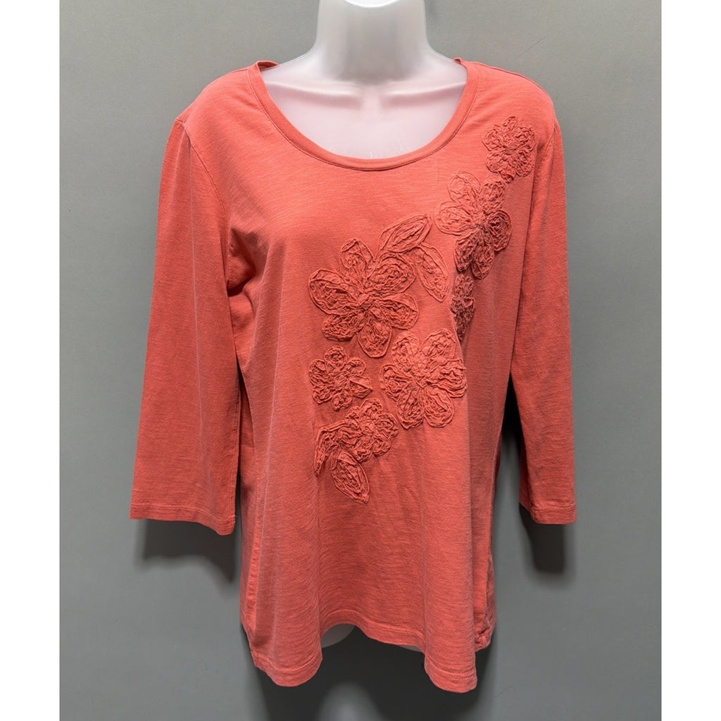 G.H. Bass & Co. Size M Women's Coral 3/4 Sleeve Floral Embellished T-Shirt